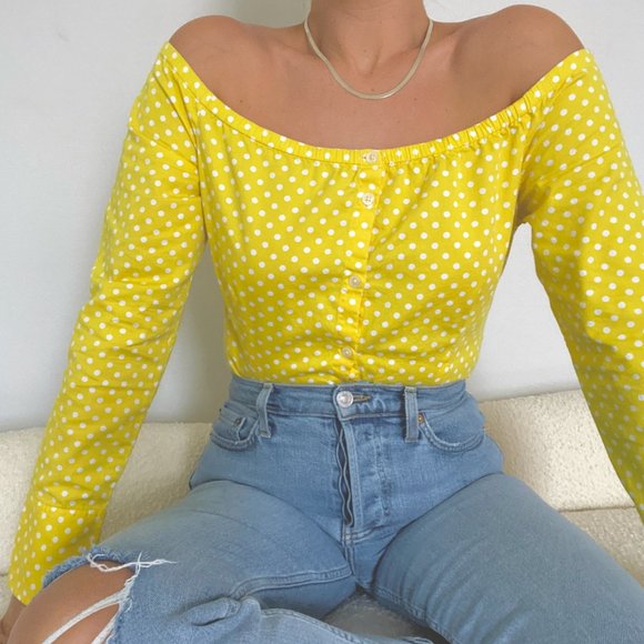 Vintage Tops - 90s Ralph Lauren Polka Dot Off the Shoulder Top